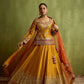 YELLOW, RUST AND RED PATCHWORK SILK KURTA LEHENGA SET